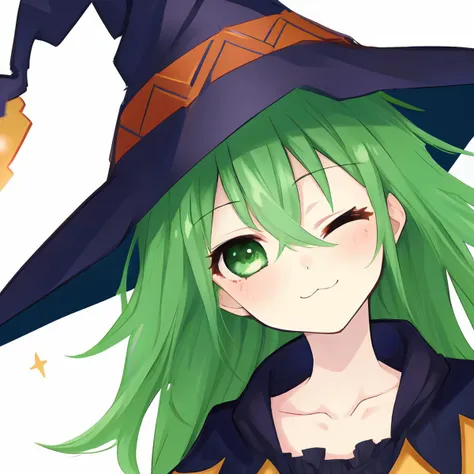 1girl, 
natsumi \(date a live\),  
solo, witch, w over eye, hair between eyes, collarbone, upper body, cape, black hat, curly hair, star \(symbol\), one eye closed, green hair, black cape, long hair, closed mouth, star print, eyes visible through hair, simple background, blush, smile, close-up, witch hat, looking at viewer, white background, fingernails, green eyes, ;3, dot nose, sparkle, w, head tilt
 <lora:mki-natsumi-1.5-v3:1>