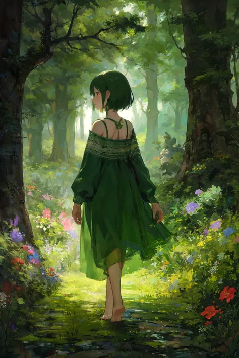 (side view:1) 1girl dryad walking through forest accompanied by (animals, birds, wisps:1), short green hair, handmade living green_dress, abstract absurd mystical, <lora:antiwhite:0.6>, big majestic trees, grass flowers, barefoot, open shoulders