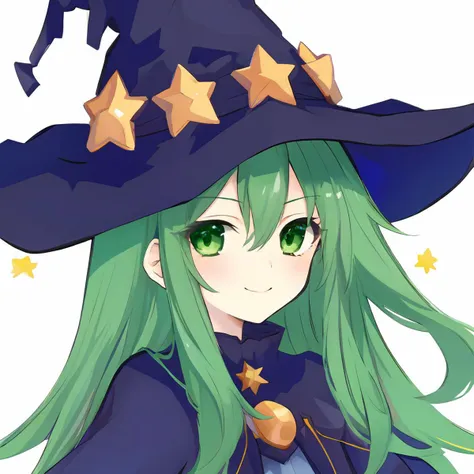 1girl, 
natsumi \(date a live\),  
solo, blush, green hair, witch, gem, long hair, star print, simple background, closed mouth, green eyes, white background, star \(symbol\), smile
 <lora:mki-natsumi-1.5-v3:1>