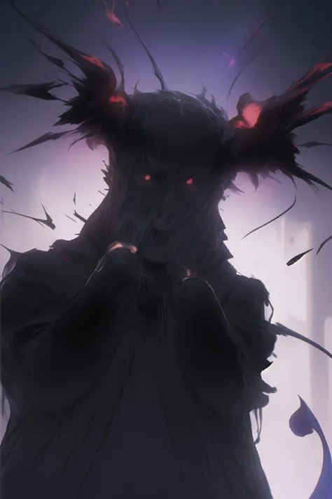 Pale World、Demon of Lamentations、Blindfold、Crying、wing、Scream、black sclera、White of the eyes、Blue Devil、Long black nails、Atrocities、Colossal Devil、tooth、Double teeth、Black coat、Purple aura、