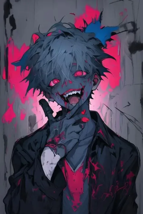 A handsome young man, messy ash-brown hair,and beautiful eyes that gave the aura of madness,he had a crazy wide smile,has blood stains on clothes and face, front-facing,front view,wears blood stained clothes, eyes glows pink in the dark,neon colors,masterpiece.