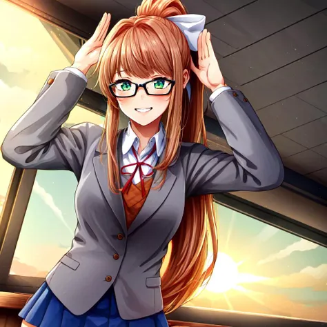 ((best quality)), ((highly detailed)), masterpiece, (detailed eyes, deep eyes), (1girl), (glasses), <lora:BunnyPose:.8>, rabbit pose, arms up, <lora:hairdetailer:.7>, <lora:ddlc-10:1>, Monika_(doki doki literature club), (green eyes), brown hair, bangs, very long hair, long hair, ponytail, sidelocks, hair bow, white bow, grin, school uniform, neck ribbon, shirt, grey jacket, blazer, black thighhighs, pleated skirt, skirt, blue skirt, inside, in a classroom, sunset, (in a village, sun down), <lora:neocoillArtistStyle_v10:.75>, neocoill, realistic