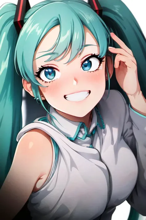 (best quality, masterpiece1.2), detailed,1girl, solo,looking at viewer,simple background, close-up, uwu,
standing ,smile ,detailed eyes , detailed face,realistic, adorable face , cute, hatsune miku, log eyelashes, teeth,
<lora:NeocoillArtist-15:1>,neocoill, <lora:beautifulDetailedEyes:0.5>,elbow hand out of frame