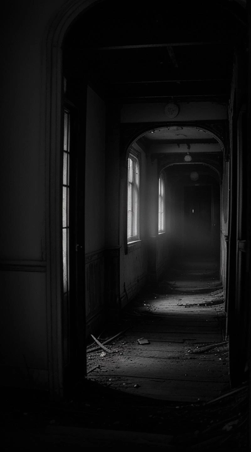 An antique, black-and-white photo, slightly blurred, showing a angry macabre sexy ghost, full-bodied, haunting a spooky derelict house in a nighttime forest. <lora:Aether_Cloud_v1:1.8> <lora:spiderweb:1> <lora:xxxmicro-v5:0.8>