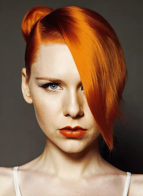 analog style, modelshoot style, portrait of sks woman by Flora Borsi, style by Flora Borsi, bold, bright colours, orange Mohawk haircut, ((Flora Borsi)), <lora:locon_maja_v1_from_v1_64_32:1.3>