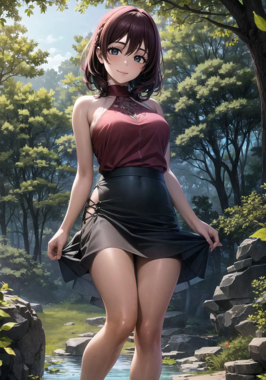 (masterpiece, best quality, ultra-detailed), (illustration), (beautiful detailed eyes), 1girl, solo, emma verde, freckles, braid, loose hair, medium hair, bangs, blue eyes, brown hair, <lora:Emma_1.1:0.8>,
(pink blouse, sleeveless, black skirt, very short skirt, net stockings, thighs:1.1),
(standing:1.1), (arms behind back:1.1), (light smile), (feet out of frame:1.3), tareme
(outdoors, forest, trees, leaf, rocks:1.3), depth of field, <lora:1651489307798708599 (1):0.4> <lora:add_detail:0.2> <lora:GoodHands-beta2:1> <lora:tareme:0.6>, <lora:LowRA:0.4> <lora:HaremDancer_v1:0.8>