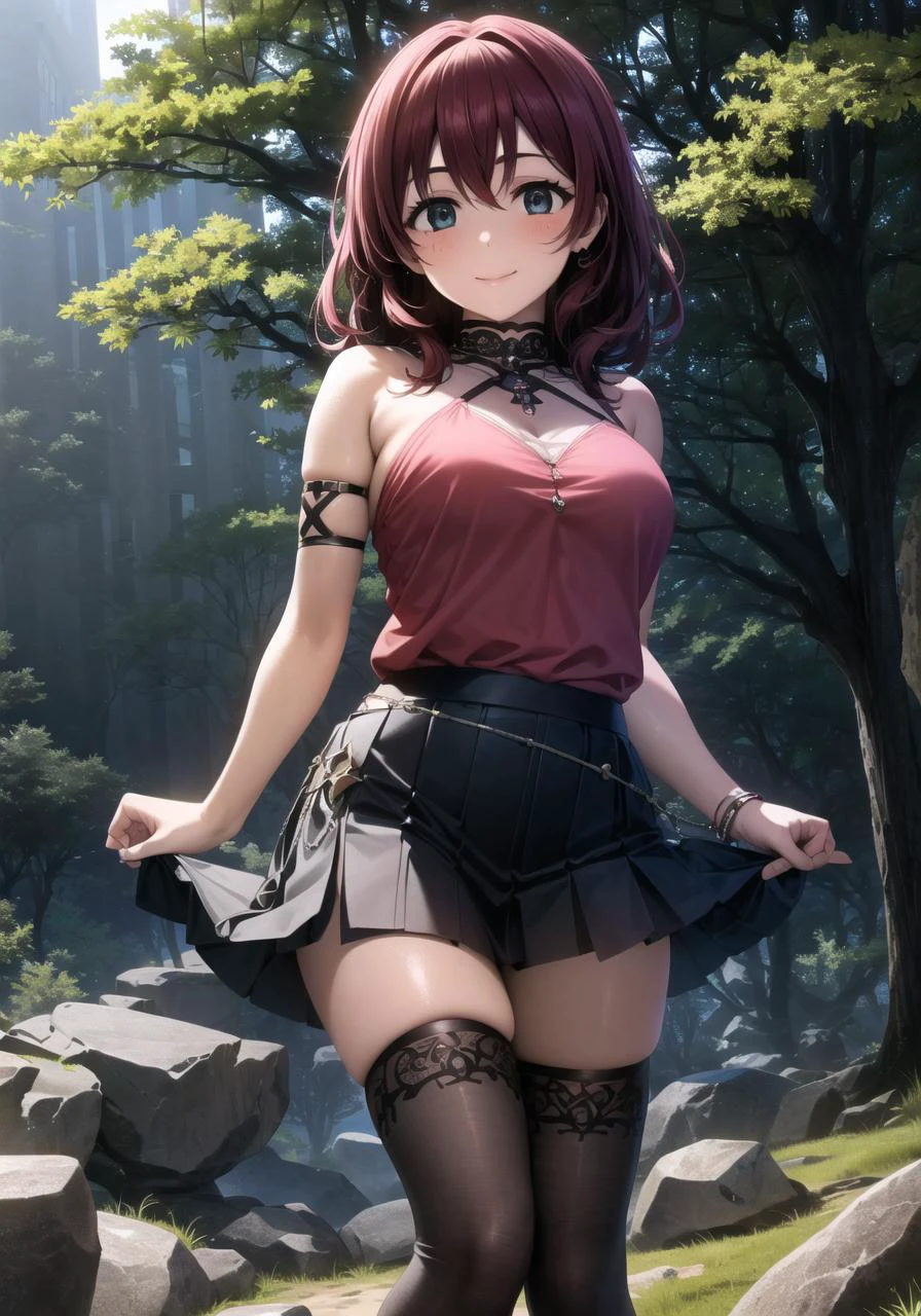 (masterpiece, best quality, ultra-detailed), (illustration), (beautiful detailed eyes), 1girl, solo, emma verde, freckles, braid, loose hair, medium hair, bangs, blue eyes, brown hair, <lora:Emma_1.1:0.8>, 
(pink blouse, sleeveless, black skirt, very short skirt, net stockings, thighs, black thighhighs:1.1),
(standing:1.1), (arms behind back:1.1), (light smile), (feet out of frame:1.3), tareme
(outdoors, forest, trees, leaf, rocks:1.3), depth of field, <lora:1651489307798708599 (1):0.4> <lora:add_detail:0.2> <lora:GoodHands-beta2:1> <lora:tareme:0.6>, <lora:LowRA:0.4>  <lora:HaremDancer_v1:0.8>