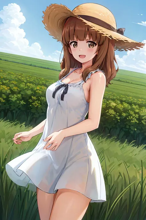 masterpiece, best quality, 1girl, solo, girls und panzer,medium breasts, straw hat,(sundress:1.4), looking at viewer, :d, blush, cowboy shot, grass field, landscape, blue sky <lora:Takebe Saori:0.6>