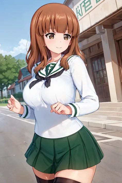 masterpiece, best quality, 1girl, solo, girls und panzer, ooarai school uniform, white shirt, white sailor collar, black neckerchief, green skirt,black thighhighs,pose,cowboy shot, outdoors, house,blue sky <lora:Takebe Saori:0.6>