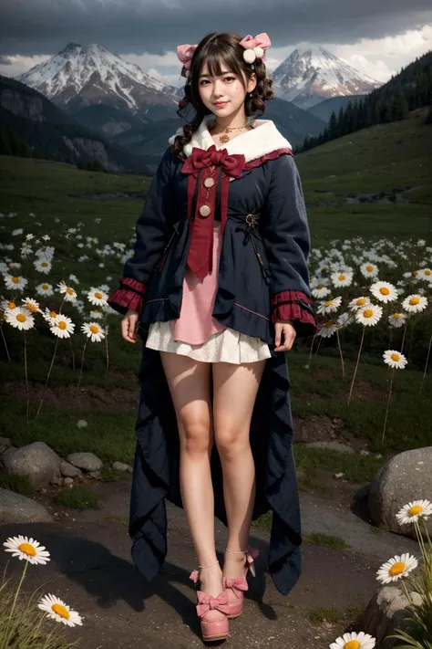 (realistic:1.3), finely detailed, quality, rembrandt lighting, (masterpiece:1.2), (photorealistic:1.2), (best quality), (detailed skin:1.3), (intricate details), dramatic, ray tracing, 1girl, japanese girl, 21 years old, detailed skin texture, (blush:0.5), (goosebumps:0.5), subsurface scattering, smiling, medium breasts, long hair curls, bangs, hair between eyes, hair ornaments, ribbon, bow, collar, pink dress, short dress, long sleeves, lace, frills, mh \(manaka nemu\), high heels, full body, (arms at side:1.2), (bright sunny day, outdoors, wide open field of daisies, sky, mountains far away), <lora:Dress NO.21 V1 mh:0.8>