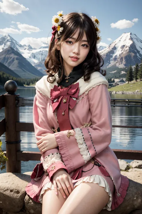 (realistic:1.3), finely detailed, quality, rembrandt lighting, (masterpiece:1.2), (photorealistic:1.2), (best quality), (detailed skin:1.3), (intricate details), dramatic, ray tracing, 1girl, japanese girl, 21 years old, detailed skin texture, (blush:0.5), (goosebumps:0.5), subsurface scattering, smiling, medium breasts, long hair curls, bangs, hair between eyes, hair ornaments, ribbon, bow, collar, pink dress, short dress, long sleeves, lace, frills, mh \(manaka nemu\), cowboy shot, sitting, (arms at side:1.2), (bright sunny day, outdoors, wide open field of daisies, sky, mountains far away), <lora:Dress NO.21 V1 mh:0.8>