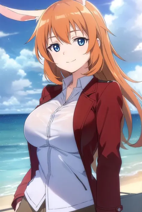 charlotteyeager, <lora:charlotte yeager anime-lora-nochekaiser:1>,
charlotte yeager, long hair, smile, blue eyes, animal ears, orange hair, rabbit ears, rabbit girl, smile,
BREAK shirt, white shirt, collared shirt, jacket, (red jacket:1.5), long sleeves,
BREAK outdoors, ship, ocean, sun, sky, clouds,
BREAK looking at viewer, (cowboy shot:1.5),
BREAK <lyco:GoodHands-beta2:1>, (masterpiece:1.2), best quality, high resolution, unity 8k wallpaper, (illustration:0.8), (beautiful detailed eyes:1.6), extremely detailed face, perfect lighting, extremely detailed CG, (perfect hands, perfect anatomy),
