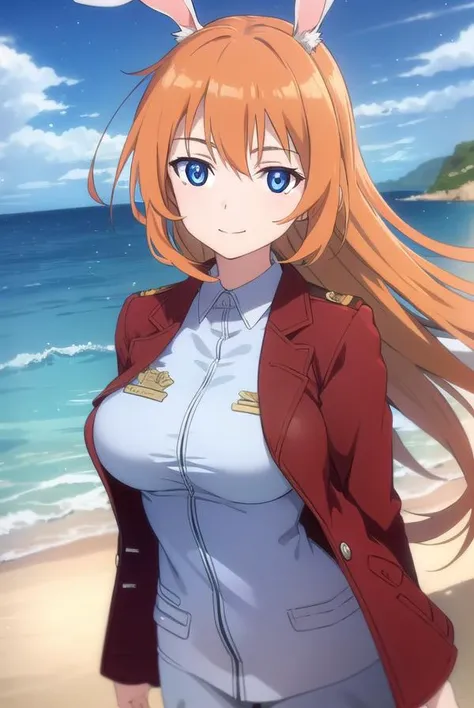 charlotteyeager, <lora:charlotte yeager anime-lora-nochekaiser:1>,
charlotte yeager, long hair, smile, blue eyes, animal ears, orange hair, rabbit ears, rabbit girl, smile,
BREAK shirt, white shirt, collared shirt, jacket, (red jacket:1.5), long sleeves,
BREAK outdoors, ship, ocean, sun, sky, clouds,
BREAK looking at viewer, (cowboy shot:1.5),
BREAK <lyco:GoodHands-beta2:1>, (masterpiece:1.2), best quality, high resolution, unity 8k wallpaper, (illustration:0.8), (beautiful detailed eyes:1.6), extremely detailed face, perfect lighting, extremely detailed CG, (perfect hands, perfect anatomy),