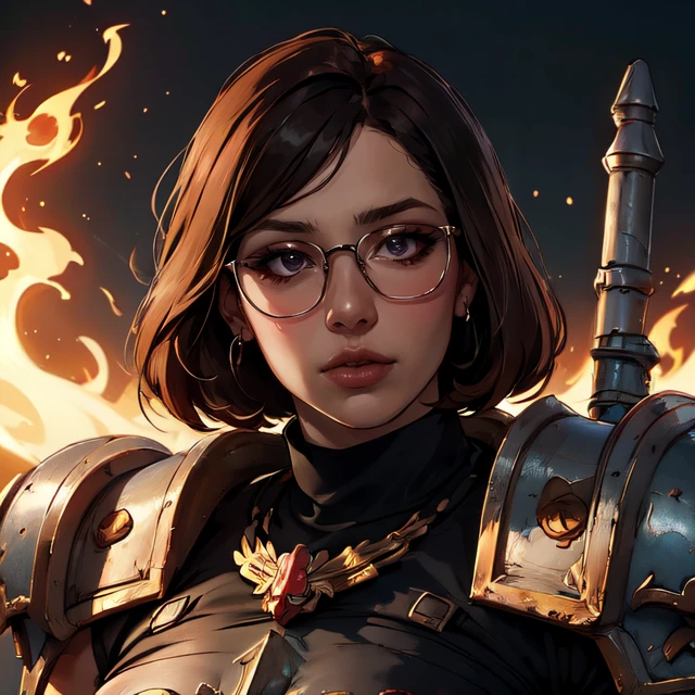kkw-detailMe-v1.0 kkw-ph1 , (<lora:Vanessa_Harris:1> glasses, chubby, curvy, bbw, light hazelnut hair, bob haircut, blue eyes, full lips) <lora:C7b3rp0nkStyle:0.31> C7b3rp0nkStyle, BREAK portrait, solo, half shot, looking at viewer, detailed background, detailed face, (warhammer 40k theme:1.1), warhammer 40k space marine, face, adeptus astartes, wearing pink heavy power-armor, heavy shoulder-plates, bloodied armor, flamer weapon, runic markings on armor, cloak, augmented, cruel gaze, combat stance, techmarine, religious iconography, codex symbols, scrolls, floating particles, flames in background, grim-dark atmosphere,