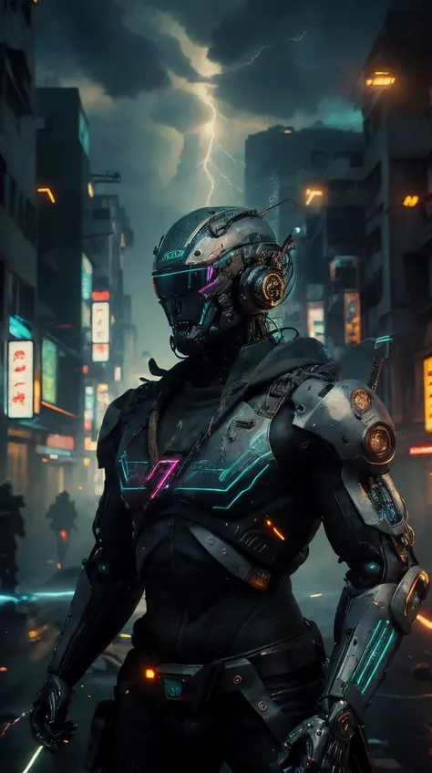 <lora:C7b3rp0nkStyle:1>RAW Photo of C7b3rp0nkStyle solo, (full body:0.6), looking at viewer, detailed background, detailed face, (<lora:DecorationBundlev2:0.6>, CircuitBoardAI, electronic theme:1.1), cyberpunk soldier, combat-engineer, wearing battle-gear, battle-worn , head-up display, holographics, flag, dynamic pose, plastic parts, lightning in background, floating particles, particle effects, intense atmosphere,, cyberpunk style, photorealistic, (Masterpiece:1.3) (best quality:1.2) (high quality:1.1)