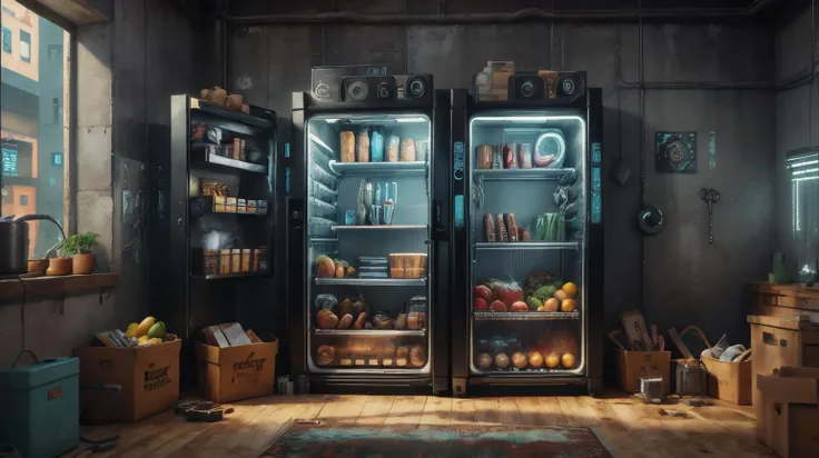 <lora:C7b3rp0nkStyle:1>RAW Photo of C7b3rp0nkStyle Refrigerators, cyberpunk style, photorealistic, (Masterpiece:1.3) (best quality:1.2) (high quality:1.1)