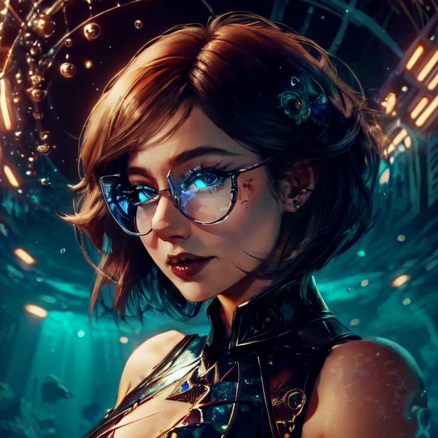 kkw-detailMe-v1.0 kkw-ph1 , (<lora:Vanessa_Harris:1> glasses, chubby, curvy, bbw, light hazelnut hair, bob haircut, blue eyes, full lips) <lora:C7b3rp0nkStyle:1> C7b3rp0nkStyle, BREAK (focus on character:1.1), portrait, solo, full body, feet, looking at viewer, detailed background, detailed face, (bioshock infinite theme:1.1), mythical atlantean, aquatic , fins, smiling, wearing aquatic armor, aquatic tattoos, dynamic pose, underwater vegetation, under the sea, underwater, enveloped in swirling water, mystical aura, advanced technology, atlantis, seabed in background, (jellyfish:0.8), translucence, luminescence, magical atmosphere,