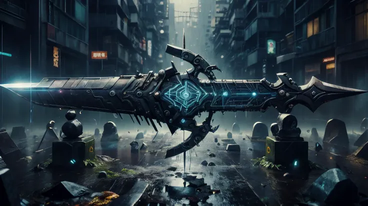 <lora:C7b3rp0nkStyle:1>RAW Photo of C7b3rp0nkStyle an enchanted sword lodged in a gravestone under a rainfall, cyberpunk, (Masterpiece:1.3) (best quality:1.2) (high quality:1.1)