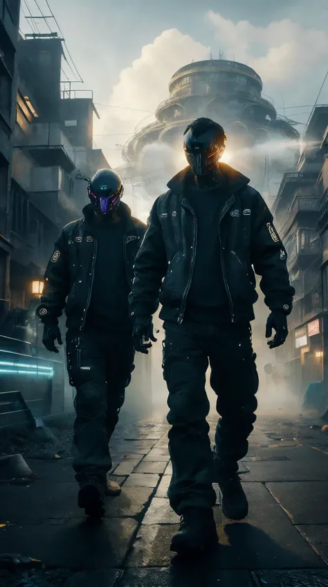 <lora:C7b3rp0nkStyle:1>RAW Photo of C7b3rp0nkStyle workers heading home through foggy cobblestone streets after a day at the mill, cyberpunk style, sci-fi, (Masterpiece:1.3) (best quality:1.2) (high quality:1.1)
