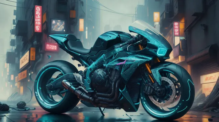 <lora:C7b3rp0nkStyle:1>RAW Photo of C7b3rp0nkStyle motorbike, cyberpunk style, photorealistic, (Masterpiece:1.3) (best quality:1.2) (high quality:1.1)