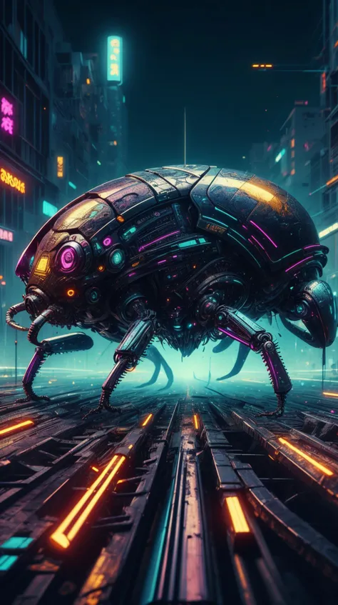<lora:C7b3rp0nkStyle:1> C7b3rp0nkStyle beetle, colorful, cyberpunk style, neon lights, dark mood, high contrast, (Masterpiece:1.3) (best quality:1.2) (high quality:1.1)