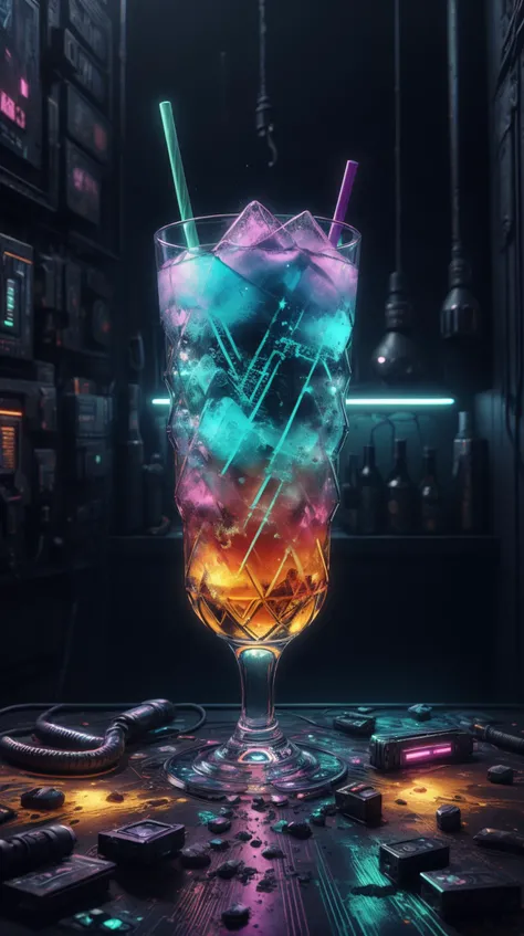 <lora:C7b3rp0nkStyle:1> C7b3rp0nkStyle drink, colorful, cyberpunk style, neon lights, dark mood, high contrast, (Masterpiece:1.3) (best quality:1.2) (high quality:1.1)