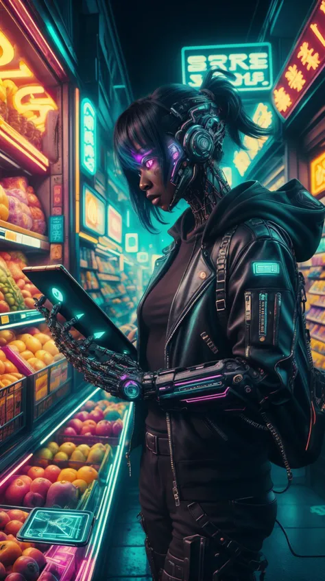 <lora:C7b3rp0nkStyle:1> C7b3rp0nkStyle a black woman ordering groceries online from her tablet, colorful, cyberpunk style, neon lights, dark mood, high contrast, (Masterpiece:1.3) (best quality:1.2) (high quality:1.1)