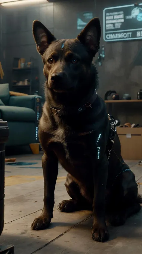 <lora:C7b3rp0nkStyle:1>RAW Photo of C7b3rp0nkStyle dog body, cyberpunk style, photorealistic, (Masterpiece:1.3) (best quality:1.2) (high quality:1.1)