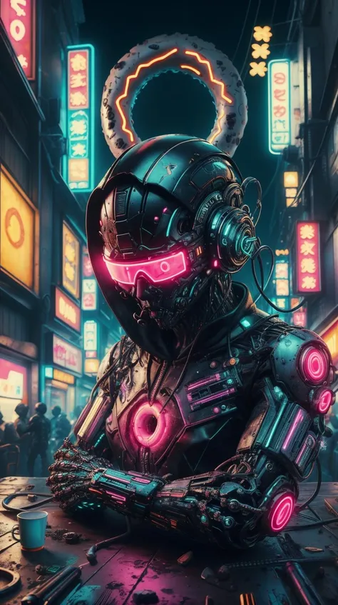 cyberpunk style, (SFW:1.331), solo, 1man, full body, hightech_robotics Pinhead (Hellraiser) with light in his eyes and dark smoke around his body, (white head), BREAK (many neon pins pricked the entire head), stands still in a dark alley, looking out to the crowded main street with neon sign, he is hoping to find the next victim,
outdoors, high-tech cyberpunk nightcity background,
(unreal engine), ray tracing, dynamic light, godrays, reflections, fisheye view, from above angle,
hyper detailed, high quality, <lora:add-detail-xl:0.8> <lora:hightech_robotics:0.3> <lora:magik_smoke_v1.2:0.7>, neon, dystopian, futuristic, digital, vibrant, detailed, high contrast, reminiscent of cyberpunk genre
