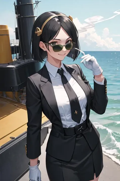 best quality, masterpiece, highres, solo, {black business suit:1.40}, {tie:1.20}, {sunglasses:1.25}, {white gloves:1.15}, {white shirt:1.10}, {black skirt:1.15}, {smoking:1.20}, handsome, {kirishima_kantaicollection:1.15}, short_hair, glasses, black_hair, hairband, nontraditional_miko, green-framed_eyewear, headgear, smile, breasts