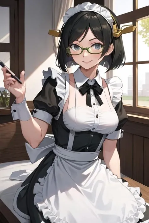 best quality, masterpiece, highres, solo, {maid:1.40}, {long maid dress:1.15}, {kirishima_kantaicollection:1.15}, short_hair, glasses, black_hair, hairband, nontraditional_miko, green-framed_eyewear, headgear, smile, breasts