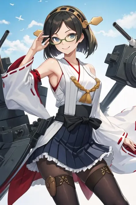 best quality, masterpiece, highres, solo, {kirishima_kantaicollection:1.15}, short_hair, glasses, black_hair, hairband, nontraditional_miko, green-framed_eyewear, headgear, smile, breasts, 1girl, bare_shoulders, blue_eyes, detached_sleeves, japanese_clothes, skirt, thigh_boots, thighhighs, boots, cannon, pantyhose, turret, adjusting_eyewear