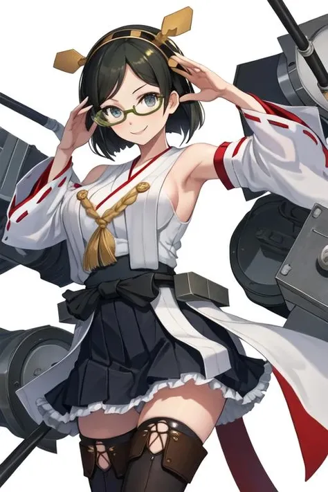 best quality, masterpiece, highres, solo, {kirishima_kantaicollection:1.15}, short_hair, glasses, black_hair, hairband, nontraditional_miko, green-framed_eyewear, headgear, smile, breasts, 1girl, adjusting_eyewear, bare_shoulders, boots, detached_sleeves, japanese_clothes, pantyhose, ribbon_trim, skirt, thigh_boots, thighhighs, ribbon-trimmed_sleeves, turret