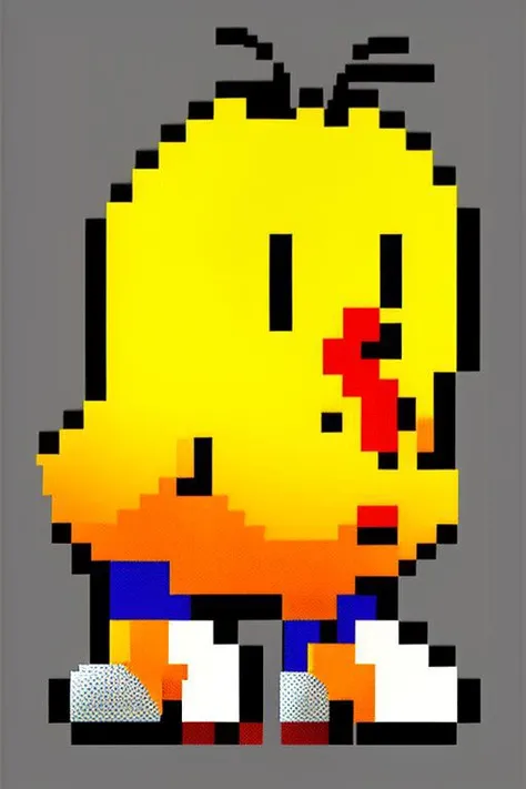 yellow orange gradient <lora:Tikibirdv2:0.8> tikibird bird, blue and white shoes, pixelated