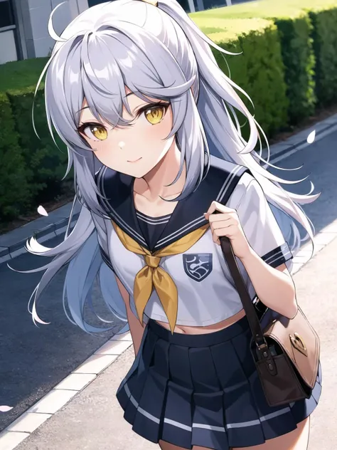 masterclass, best quality, ultra-detailed, 1girl, solo, illustration, warm lighting, gaeun, white hair, yellow eyes, long hair, messy hair, multicolored hair, pony tail, school uniform, serafuku, neckerchief, pleated skirt, outdoors, midriff peek, day, collarbone, cherry blossoms, bag charm, school, <lora:gaeun_anythingv3:0.65>