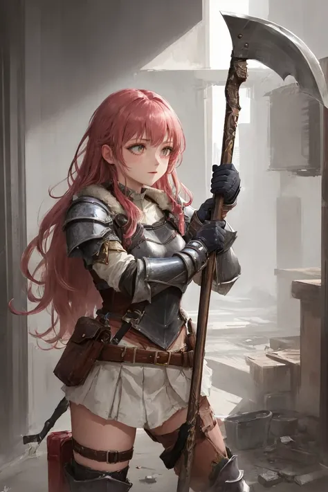 best quality,masterpiece,highly detailed,ultra-detailed,1girl, <lora:AXE:0.3:Chr>
(Tassets),An armor made of thigh armor
holding weapon, holding axe,battle axe
holding long grip of axe,
fighting stance,