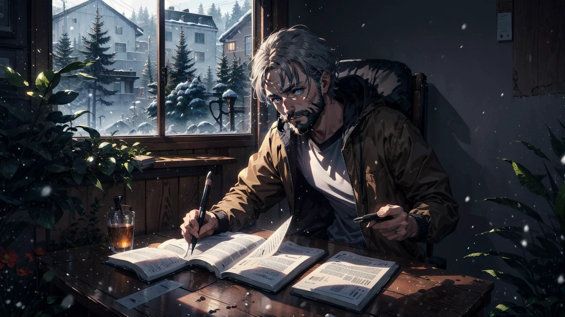 1 man in a brown jacket with glowing blue eyes, he has grey hair and a brown beard with dark brown skin, He's sitting in a wooden chair next to a desk staring intensely at a book with a pen in his hand writing, he's busy reading, outside the window it's snowing. there's an axe hanging on the wall alongside gardening tools like a hoe and trowel. masterpiece, soft lighting
<lora:LAS:0.4> <lora:AXE:0.3> <lora:DW-000008:0.2> <lora:more_details:0.4> <lora:ç¼çå:0.4>