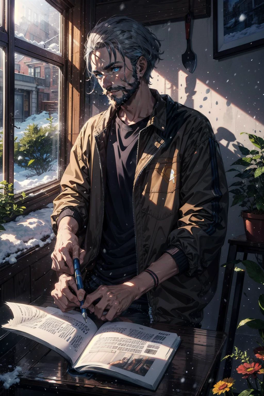 1 man in a brown jacket with glowing blue eyes, he has grey hair and a brown beard with dark brown skin, He's sitting in a wooden chair next to a desk staring intensely at a book with a pen in his hand writing, he's busy reading, outside the window it's snowing. there's an axe hanging on the wall alongside gardening tools like a hoe and trowel. masterpiece, soft lighting
<lora:LAS:0.4> <lora:AXE:0.3> <lora:DW-000008:0.2> <lora:more_details:0.4> <lora:ç¼çå:0.4>