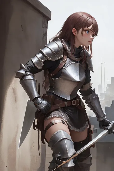A woman in armor holding a sword standing on a ledge - SeaArt AI