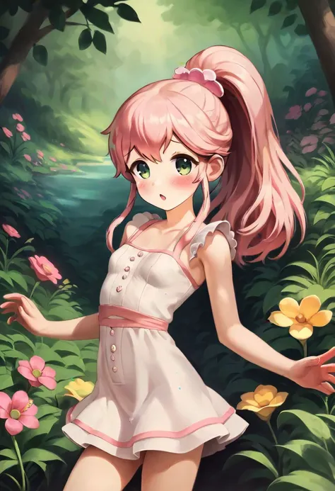 score_9, score_8_up, score_7_up, rating_questionable, BREAK
a beautiful young woman, 18 years old, (hourglass body, rectangle shaped face), green eyes, lush lips, high cheekbones), (pastel pink Ponytail hair:1.2), pale skin, blush, tiny breasts, (wearing cute sundress), standing, dynamic pose, spring flower garden background