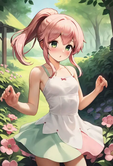 score_9, score_8_up, score_7_up, rating_questionable, BREAK
a beautiful young woman, 18 years old, (hourglass body, rectangle shaped face), green eyes, lush lips, high cheekbones), (pastel pink Ponytail hair:1.2), pale skin, blush, tiny breasts, (wearing cute sundress), standing, dynamic pose, spring flower garden background