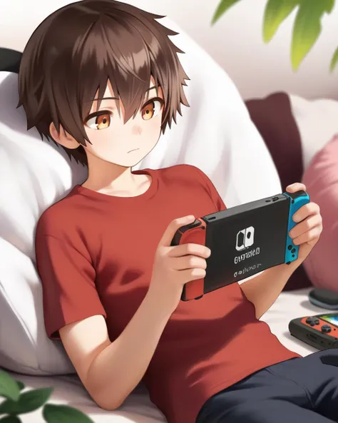 score_9,score_8_up,score_7_up,score_6_up,score_5_up,score_4_up,source_anime,<lora:crumbles-lyco-pony-v1:0.75>,
1boy, male focus, nintendo switch, brown hair, solo, holding, plant, long sleeves, shirt, closed mouth, handheld game console, hair between eyes, orange eyes, holding handheld game console, pillow, short hair, upper body, couch, short sleeves, red shirt, sleeves past wrists, lying, bangs, layered sleeves, playing games, blurry