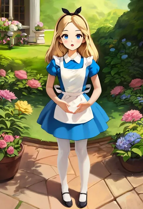 score_9, score_8_up, score_7_up, rating_questionable, BREAK
AliceWaifu, blue eyes, blue dress, white pantyhose, apron, black hairband, garden, blonde, sexy pose,