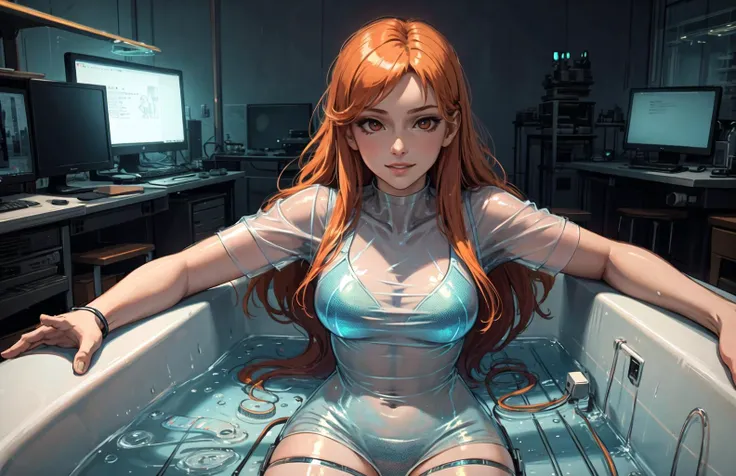 upper body, 1girl, (complex ultra detailed of a demon woman, medium breasts, muscles, (wearing see-through holographic prismatic latex exoskeleton longpao :1.5)), (solo) (1girl), (beautifully drawn face:1.2), intricate details, glowing red eyes [boku no hero academia], evil smile, (orange hair very long hair hime cut:1.3), dynamic pose, BREAK
(dynamic pose  in vast complicated bathtub full of computers and wires and screens and machinery, user interface heads-up display, glass tube laboratory:1.3) military sunkiller BREAK
illustration, ((masterpiece:1.2, best quality)), 4k, ultra detailed, octane render, directional lighting, realistic shadows, volumetric lighting, highly detailed, high quality, solo, (sketch:1.2) (style-keta:0.78), (qrx:0.51),gbf <lora:epiNoiseoffset_v2:1.7> dark studio, rim lighting, two tone lighting, dimly lit, low key,