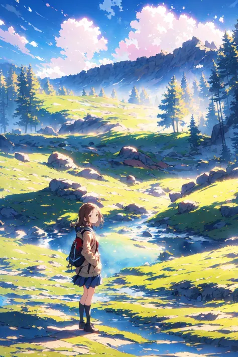 outdoors, 1girl, solo, grass, sky, water, day, looking at viewer, standing, a woman with a backpack is standing in a valley, bag, mountain, brown hair, 1girl, scenery