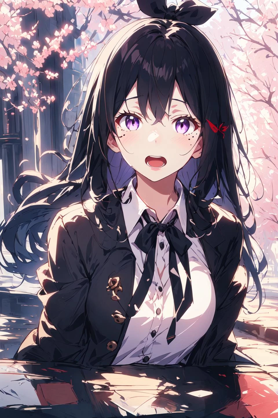 outdoors, 1girl, solo, shirt, a woman with long hair and a black jacket, teeth, upper body, collared shirt, mole under eye, open mouth, neck ribbon, purple eyes, solo, breasts, black ribbon, black hair, long hair