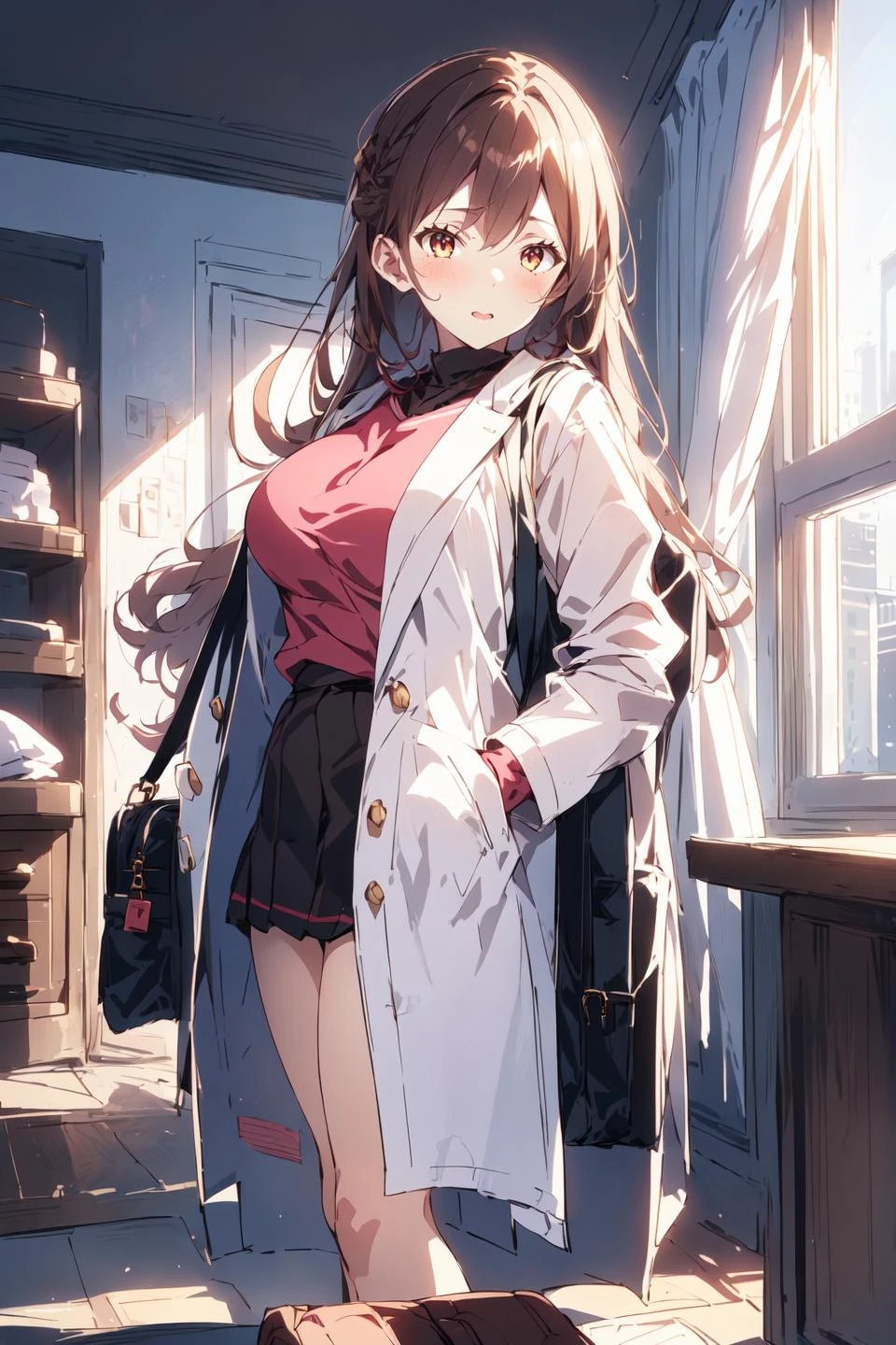 1girl, indoors, bag, white coat, in room, solo focus, open clothes, long hair, brown hair, large breasts, holding
