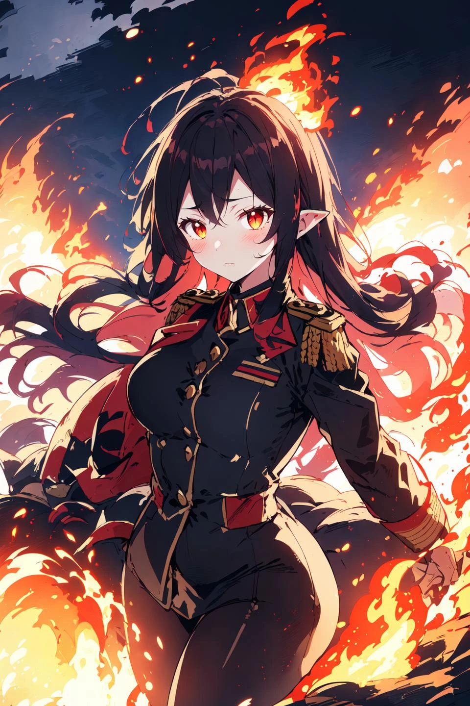 portrait shot, 1girl, demon girl, curvy body, military uniform, long hair, (flames around, fire on background, calves around, explosions:1.2)