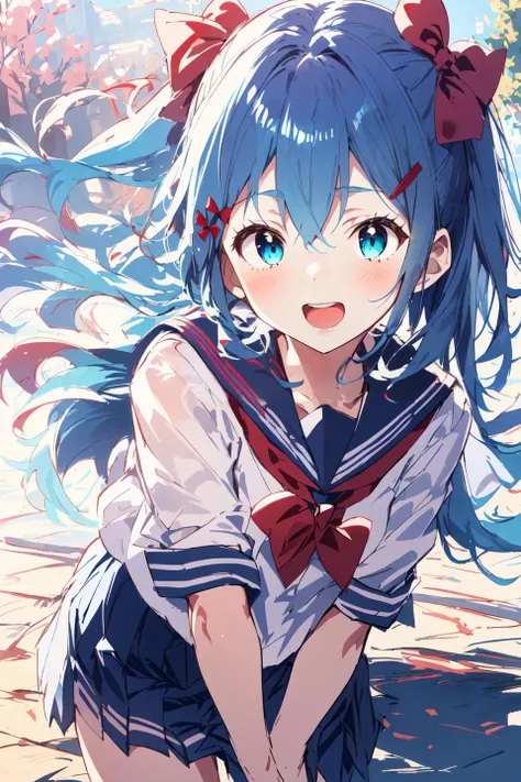 outdoors, 1girl, solo, a girl with blue hair and a red bow, bangs, hair bow, shirt, school uniform, ;d, aqua eyes, very long hair, blue serafuku