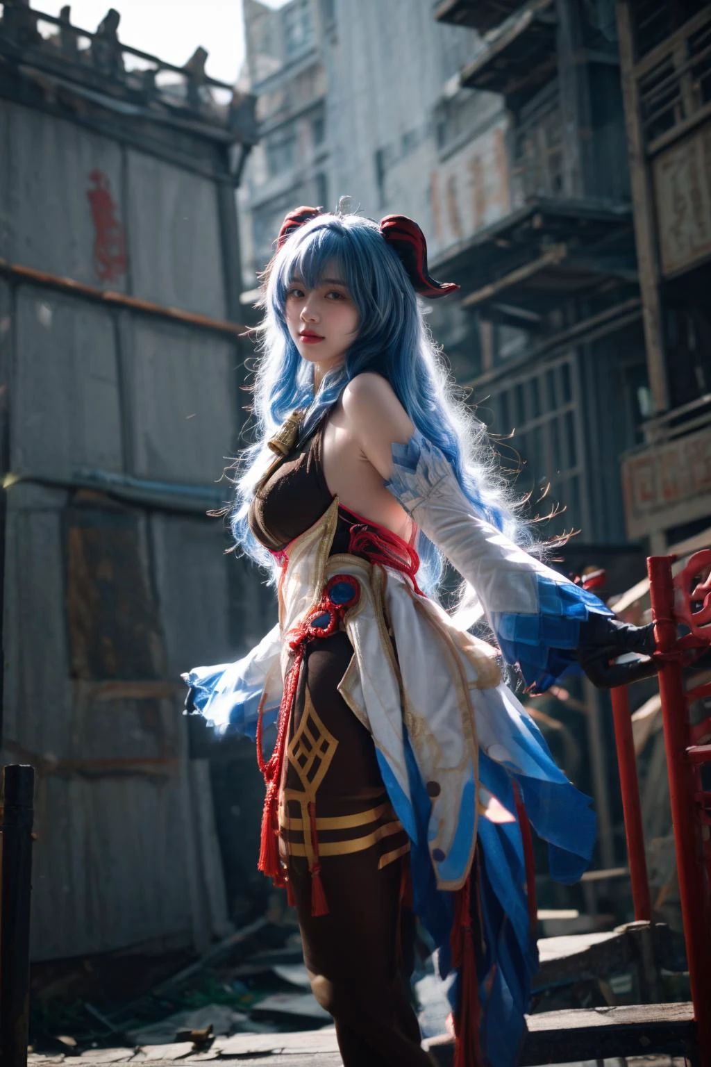 from behind,one sexy girl, super model,large breasts, hanging breasts, thin waist,(skinny:1.1),
ganyu cosplay costume, cosplay, blue hair, long hair, horns, bangs, ahoge, sidelocks, tight, black bodysuit, body stocking, detached sleeves, gloves, neck bell, chinese knot, tassel, white high heels,
outdoors,Abandoned building,overgrown,
depth of field, nature light,sunlight,(cinematic lighting), glow lighting,
ethereal, dreamlike quality, epiCPhoto,
<lora:pytorch_lora_weights:0.5>,
<lora:breastsizeslideroffset:0.2>,
<lora:nagachichiD:0.6>,
<lora:picxer_real:0.7>,
<lora:more_details:0.6>,
<lora:genshin_Ganyu_cosplay_v1:0.75>